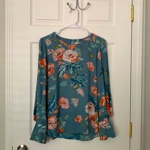 Long sleeve blouse, gray-blue with pink floral accents